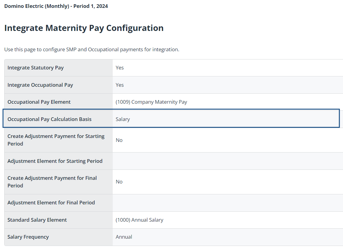 screenshot of integrate maternity pay configuration screen including new field.